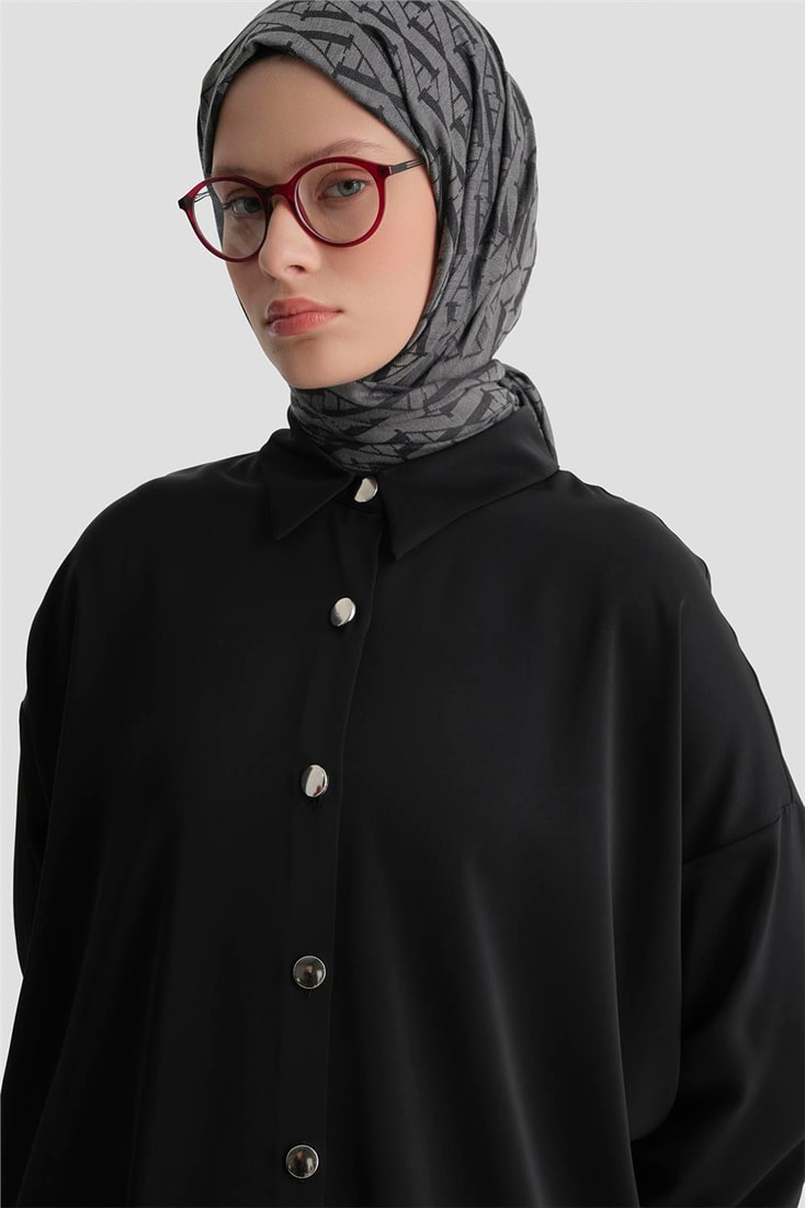 Metal Düğmeli Oversize Tunik Siyah 