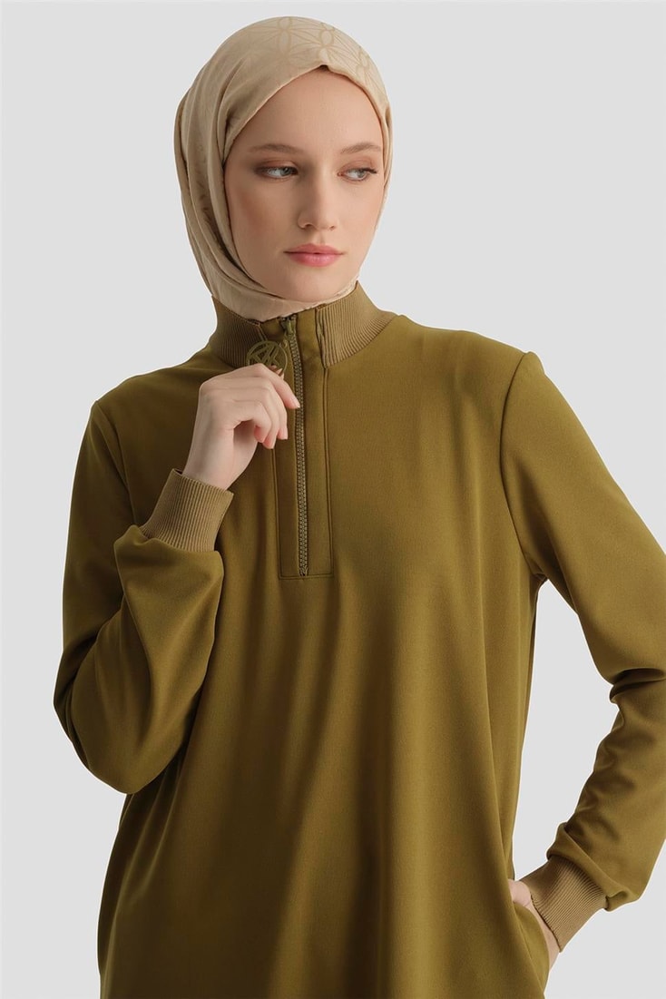 Fermuar Detaylı Basic Tunik yağ yeşili