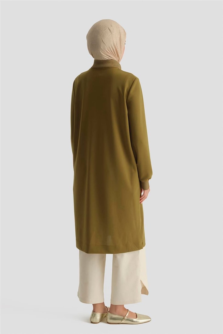 Fermuar Detaylı Basic Tunik yağ yeşili