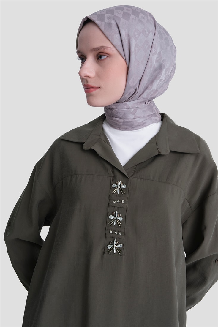 Taş İşlemeli Tunik Haki