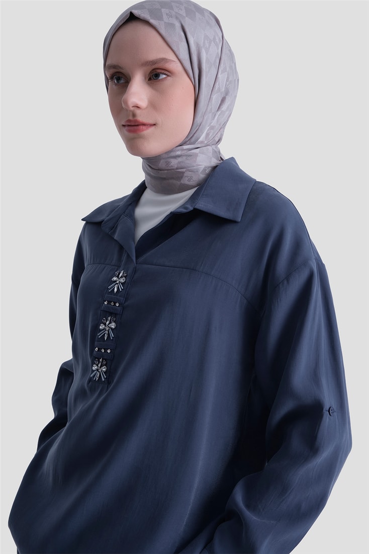 Taş İşlemeli Tunik Lacivert