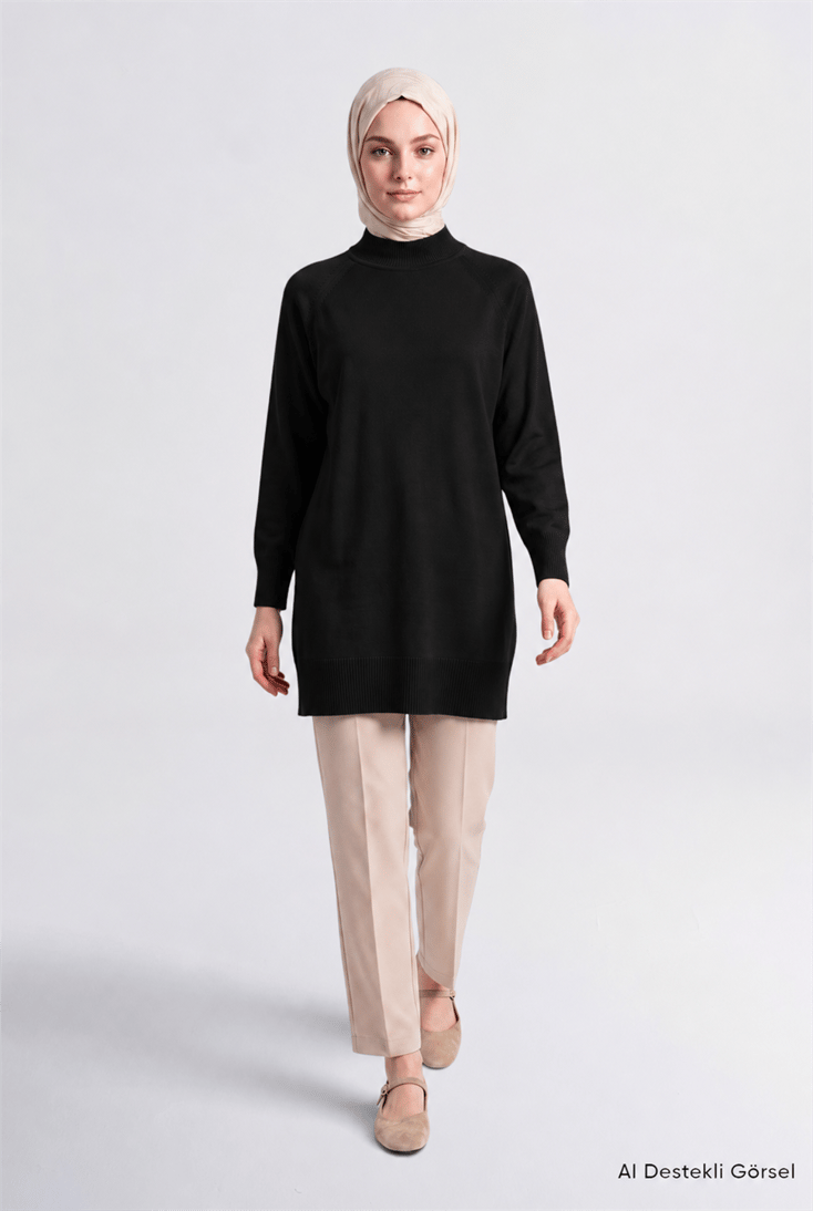Yüksek Yaka Basic Triko Tunik Siyah 