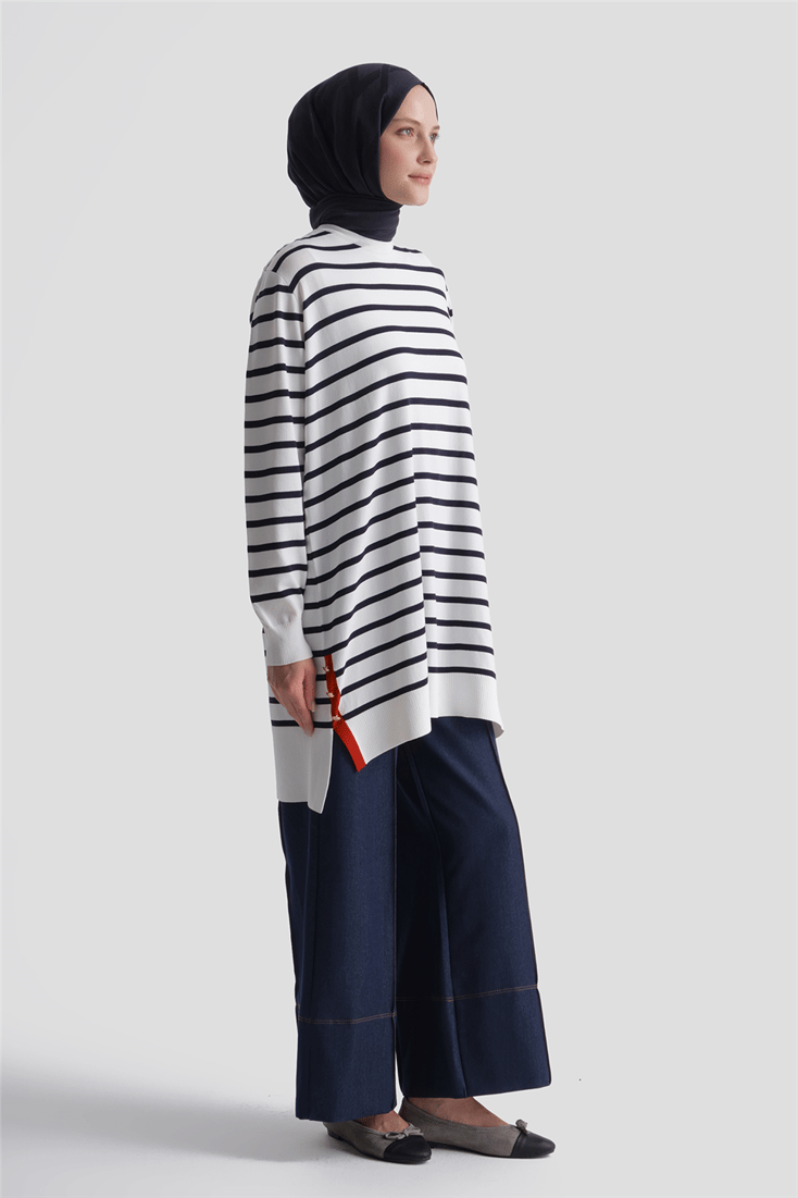 Çizgili Rayon Triko Tunik Ekru 
