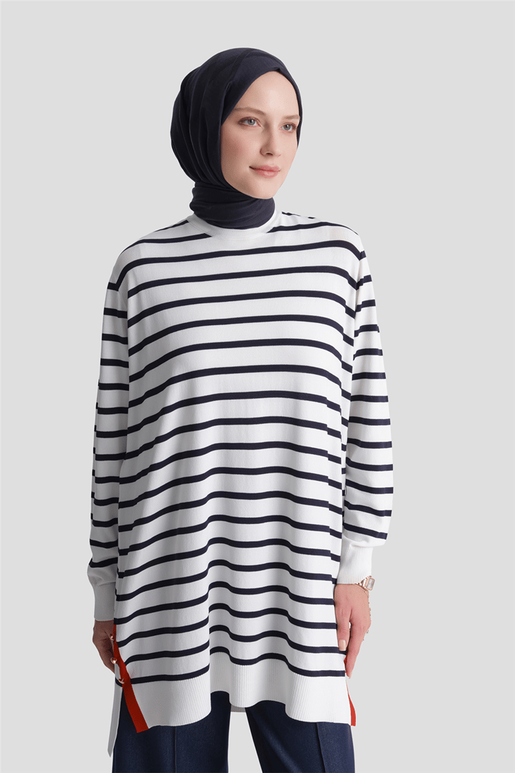 Çizgili Rayon Triko Tunik Ekru 