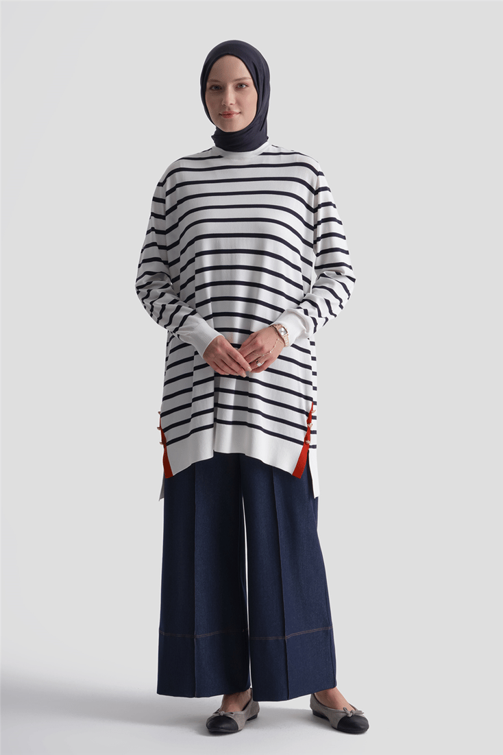 Çizgili Rayon Triko Tunik Ekru 
