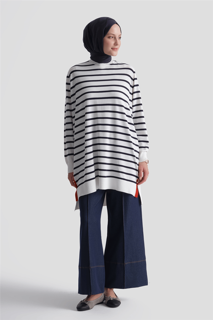 Çizgili Rayon Triko Tunik Ekru 