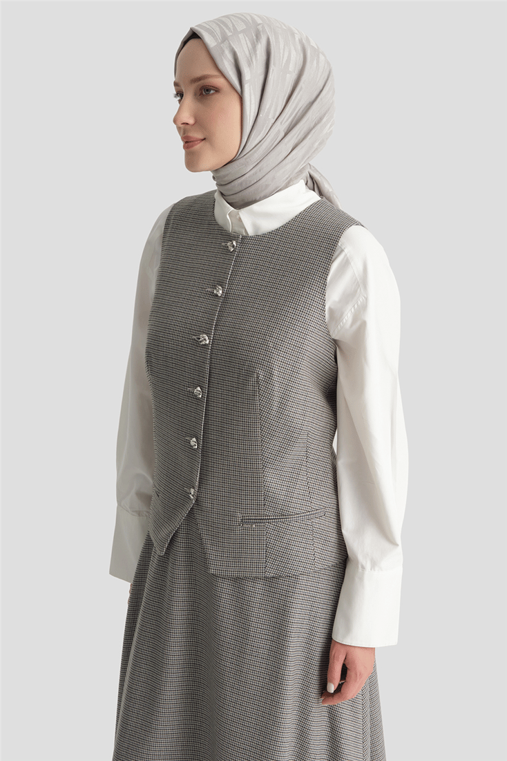 Pullu Ekose Desen Fitted Yelek Gri