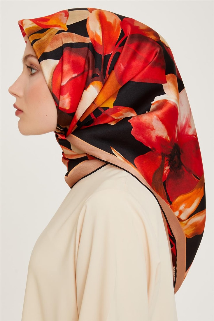 Armine Çiçek Desenli Twill Saf İpek Eşarp 9205D 06 