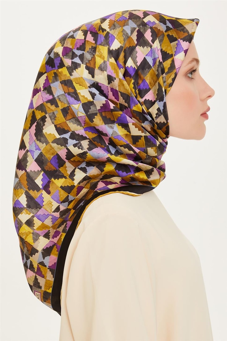 Armine Geometrik Desenli Twill Saf İpek Eşarp 9214D 85 36