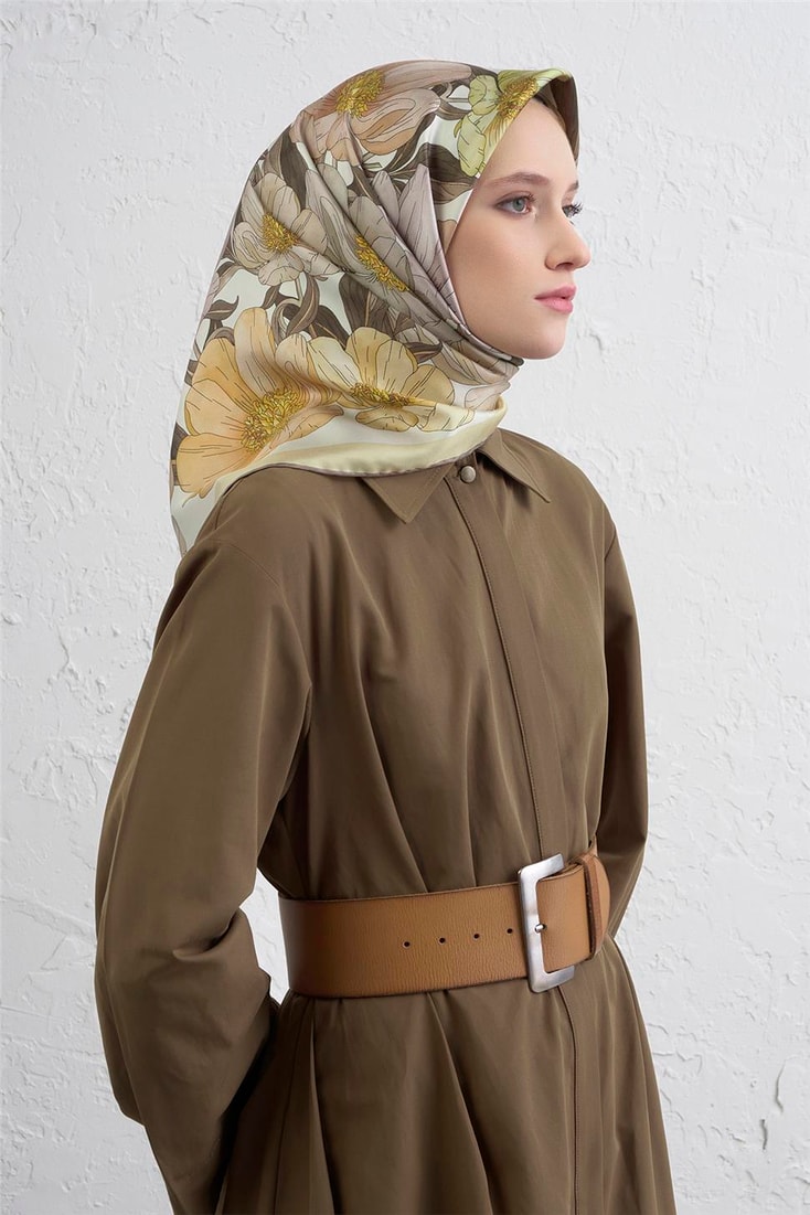 Armine Çiçek Desenli Saf İpek Twill Eşarp 9403D 38 