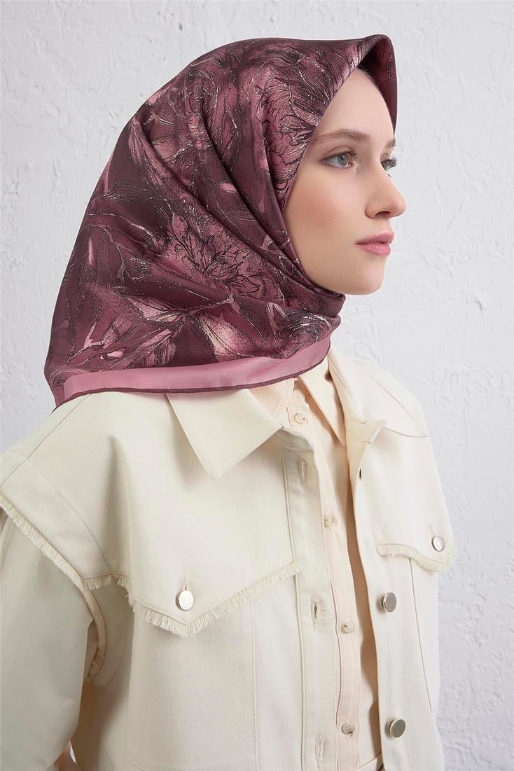 Armine Çiçek Desenli Saf İpek Twill Eşarp 9409D 05
