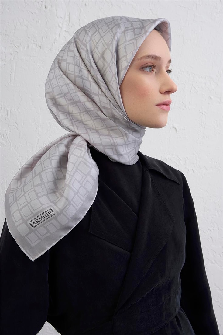 Armine Geometrik Desenli Saf İpek Twill Eşarp 9438D 58 