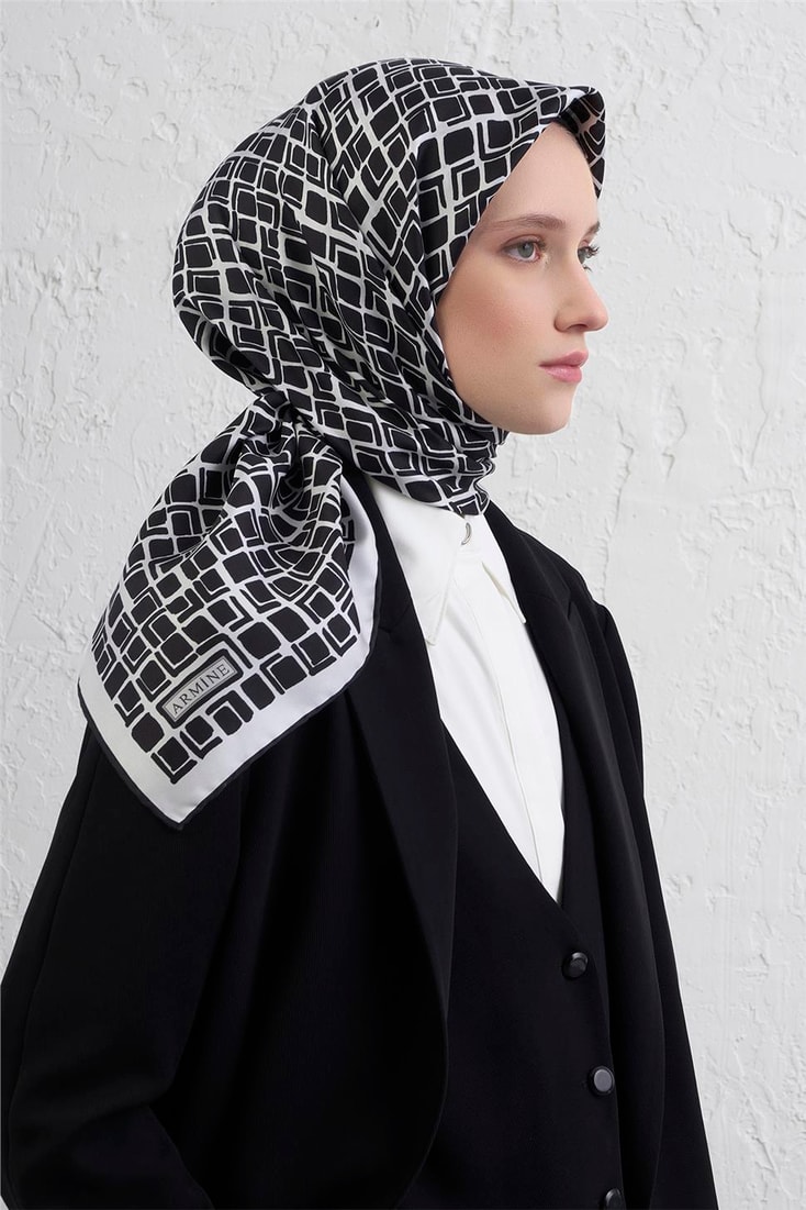 Armine Geometrik Desenli Saf İpek Twill Eşarp 9438D 59 
