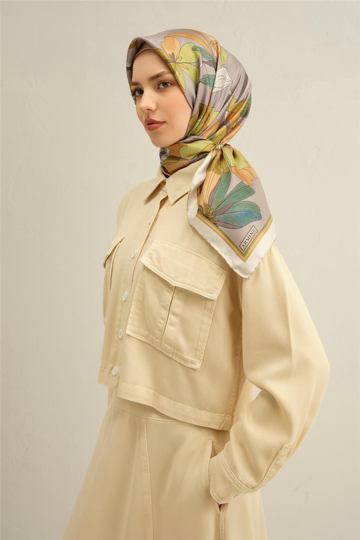 Armine Çiçek Desenli Saf İpek Twill Eşarp 9312D 55 
