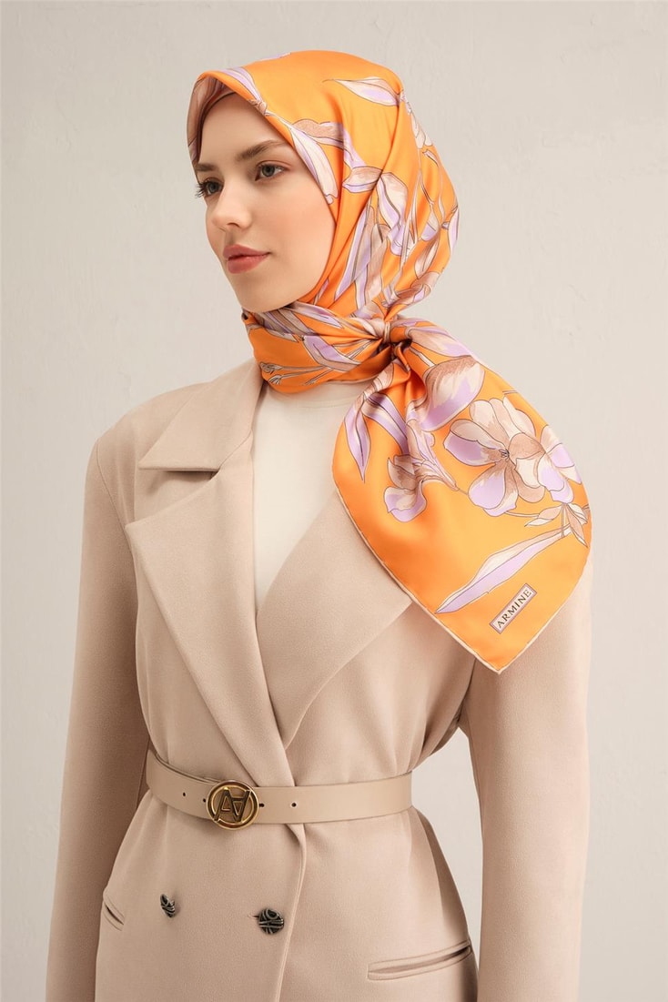 Armine Çiçek Desenli Saf İpek Twill Eşarp 9324D 33 