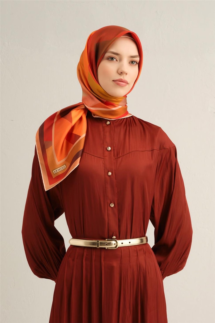 Armine Geometrik Desenli Saf İpek Twill Eşarp 9331D 33 