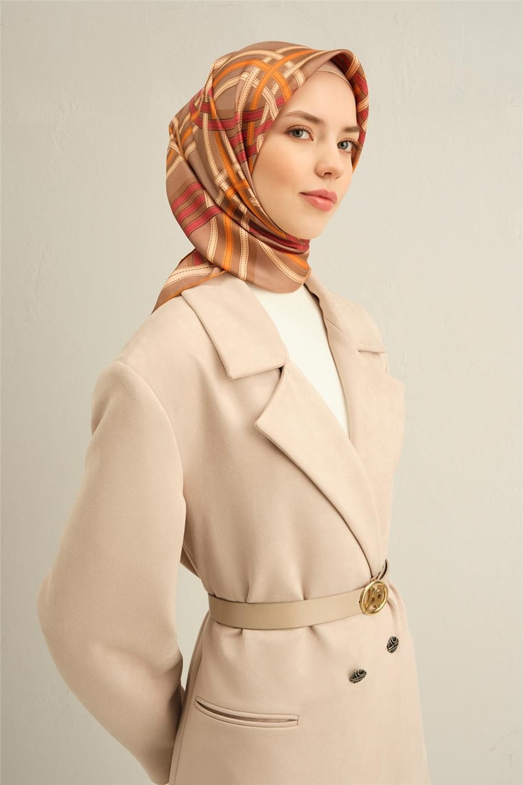 Armine Klasik Desenli Saf İpek Twill Eşarp 9333D 03 