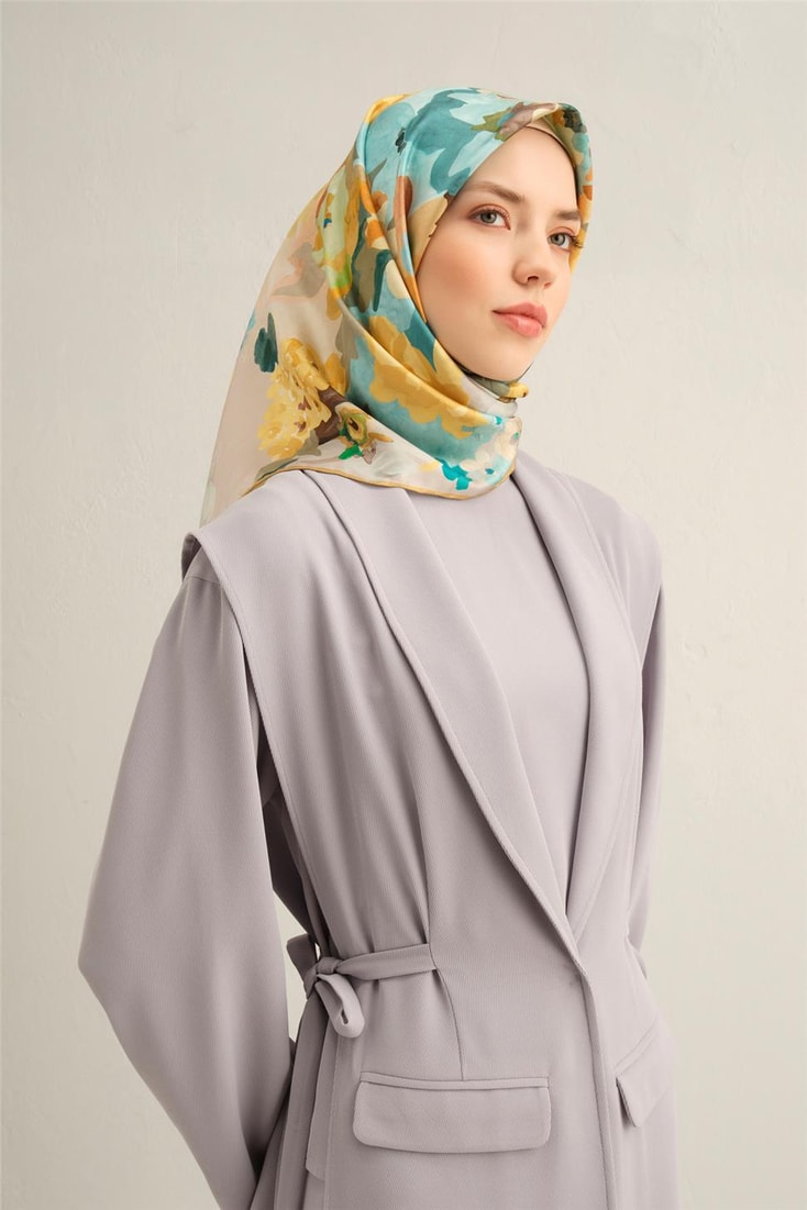 Armine Çiçek Desenli Saf İpek Twill Eşarp 9334D 07 