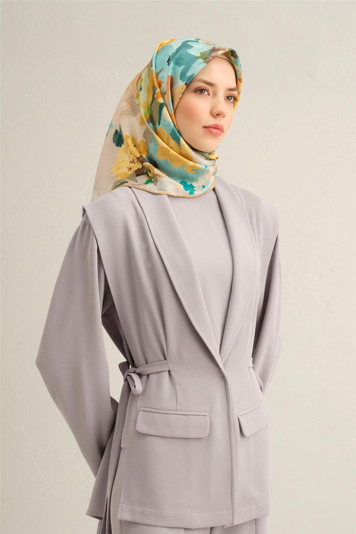 Armine Çiçek Desenli Saf İpek Twill Eşarp 9334D 07 