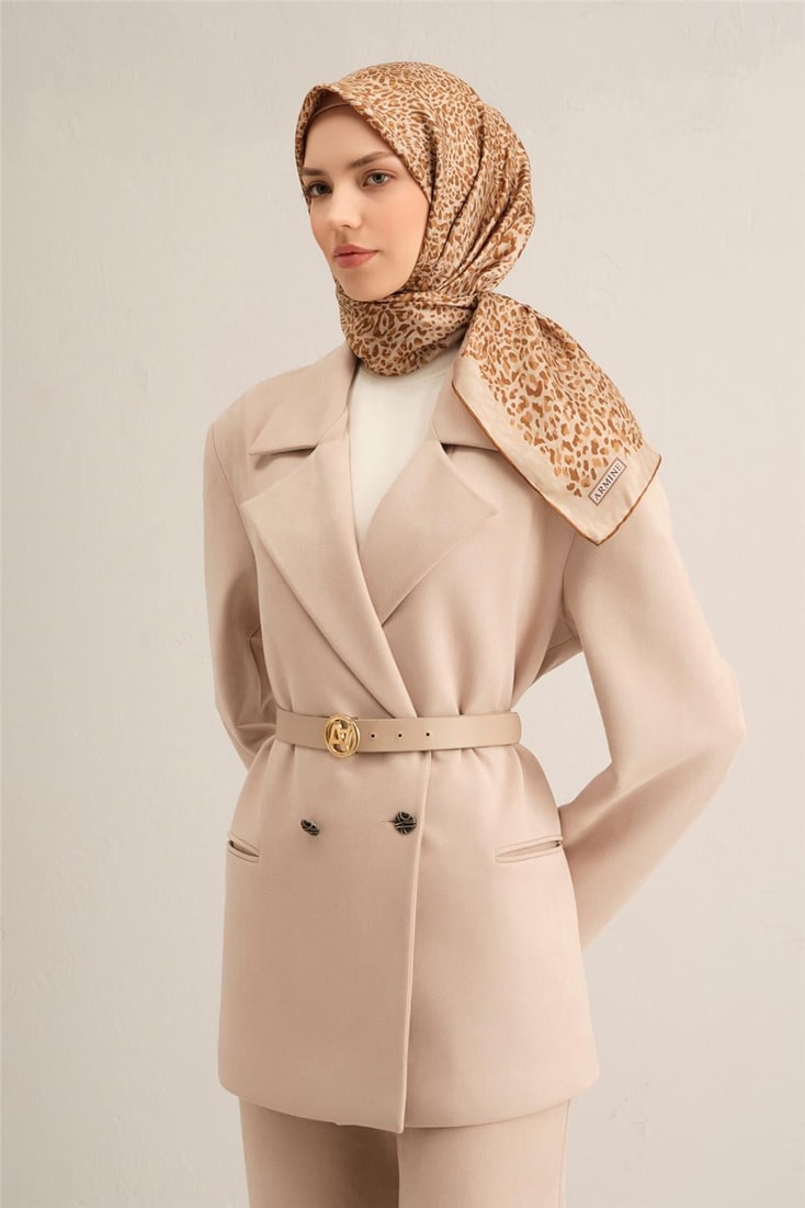 Armine Leopar Desenli Saf İpek Twill Eşarp 9352D 52