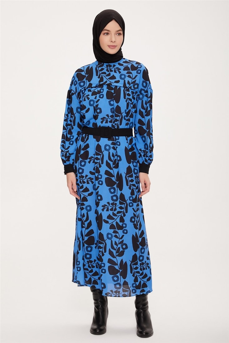 Armine Önü Robalı Çiçekli Elbise 22K9506 Kobalt