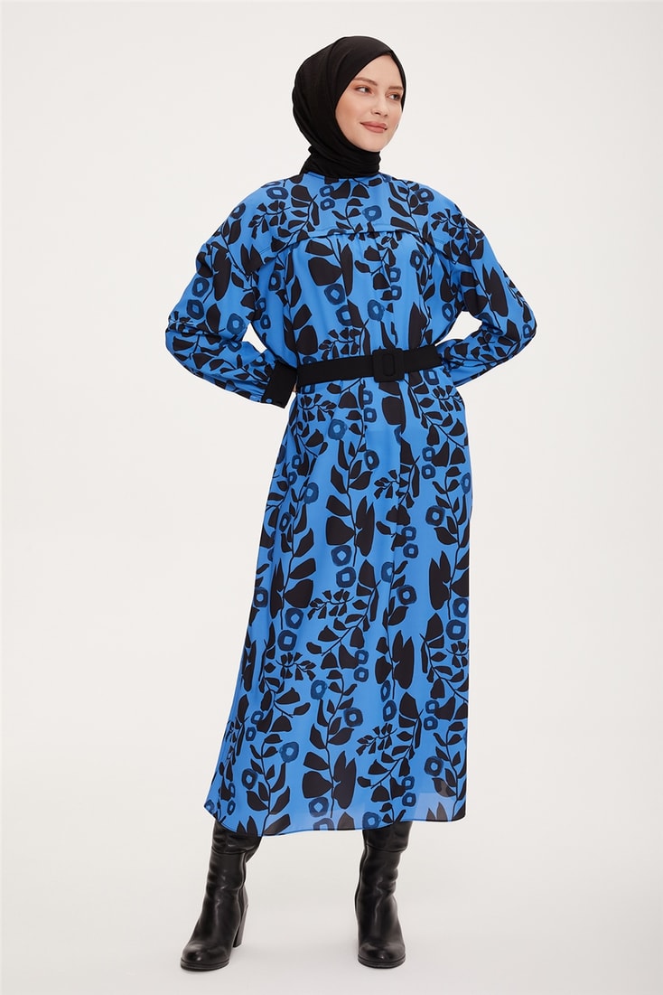 Armine Önü Robalı Çiçekli Elbise 22K9506 Kobalt
