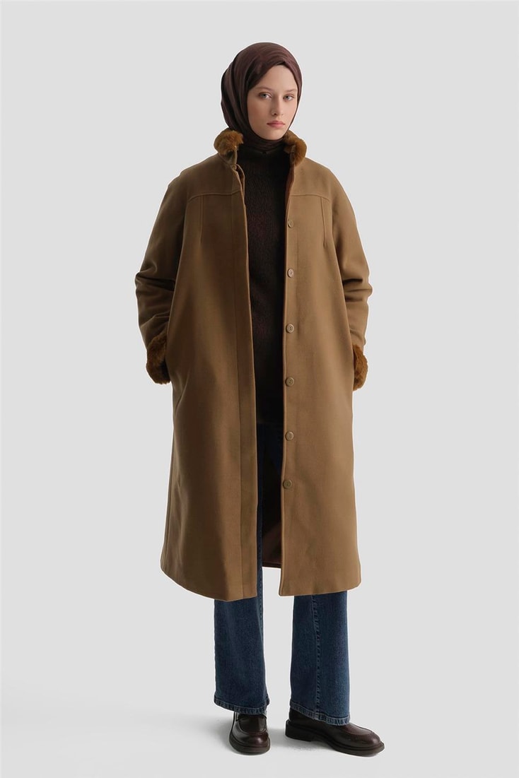 Armine Seyyar Kürklü Pens Detaylı Kaban 23K7213 Taba