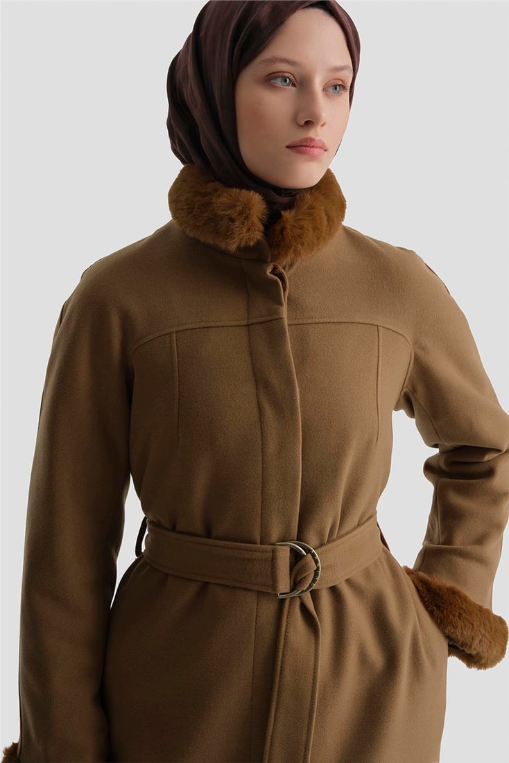 Armine Seyyar Kürklü Pens Detaylı Kaban 23K7213 Taba