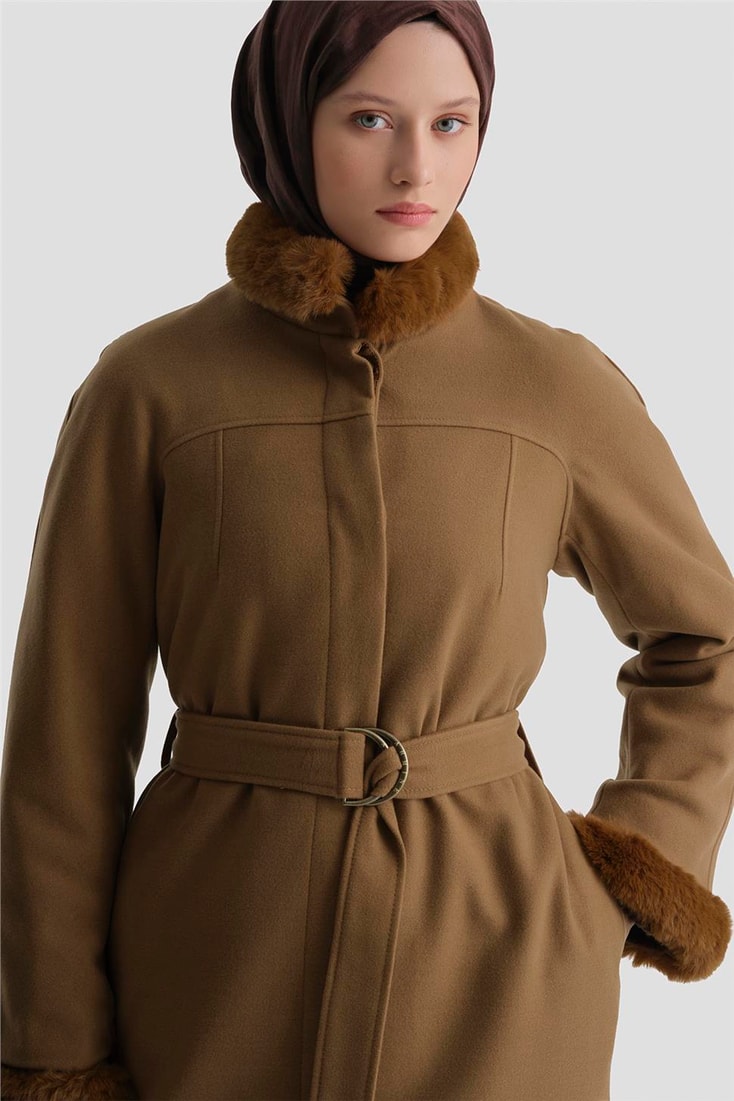 Armine Seyyar Kürklü Pens Detaylı Kaban 23K7213 Taba