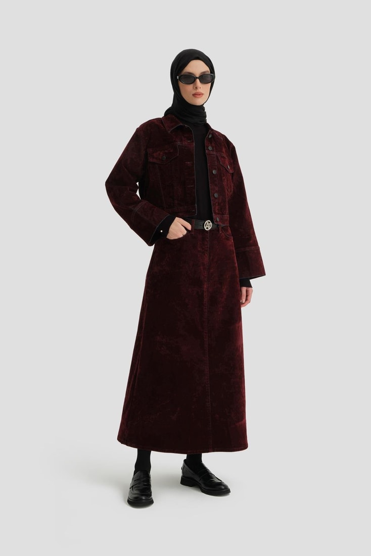Armine Flok Baskılı Denim Takım 24KD3401 Bordo