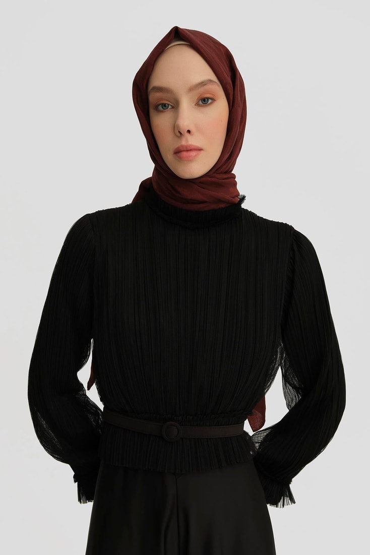 Armine İçi Örme Üzeri Tül Bluz 24K3600 Siyah