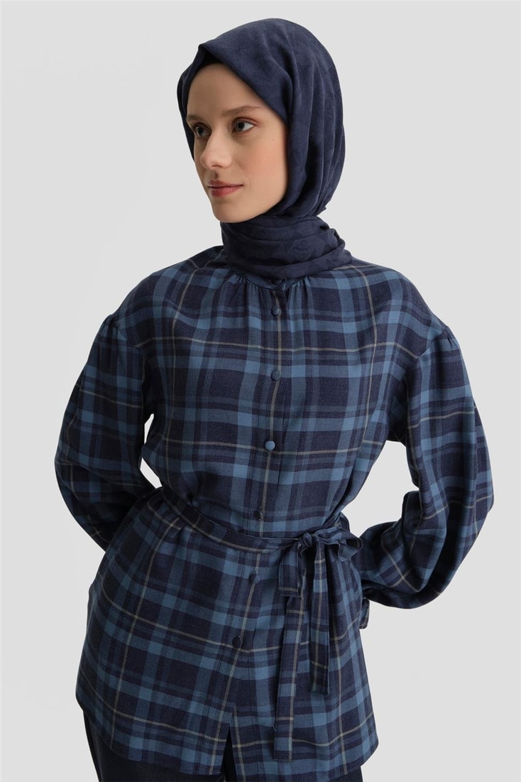 Armine Beli Bağlanabilir Ekose Gömlek 24K3601 Lacivert