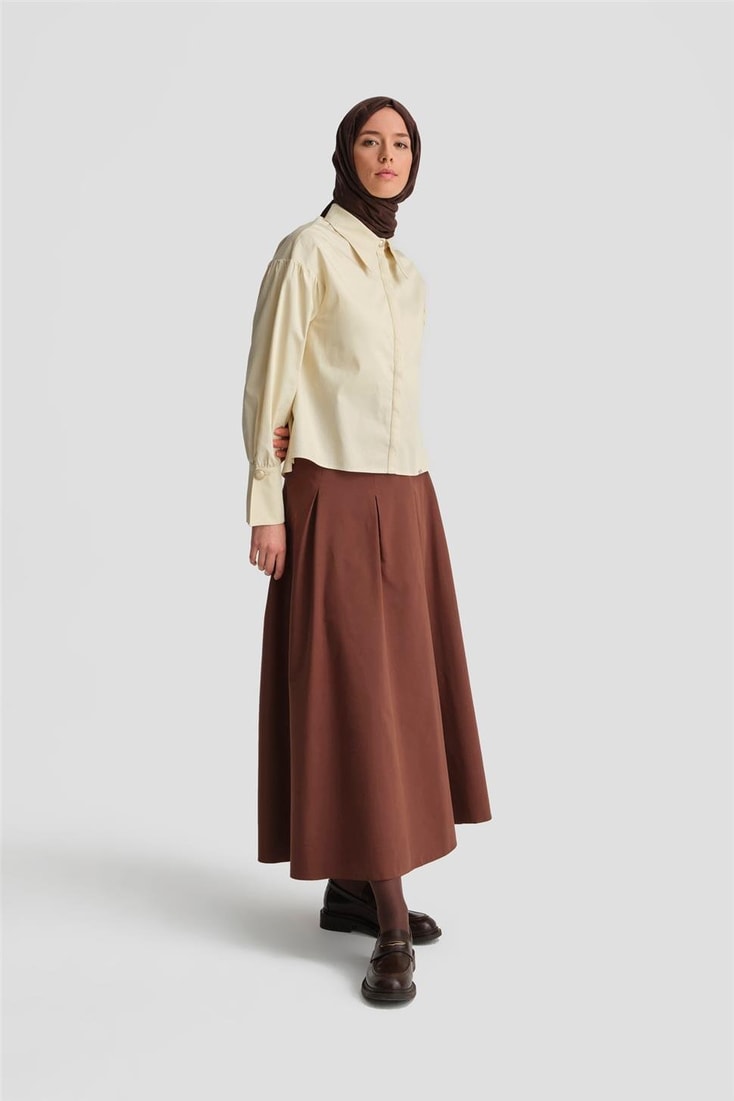 Armine Sivri Yakalı Floş Keten Gömlek 24K3602 Aytaşı