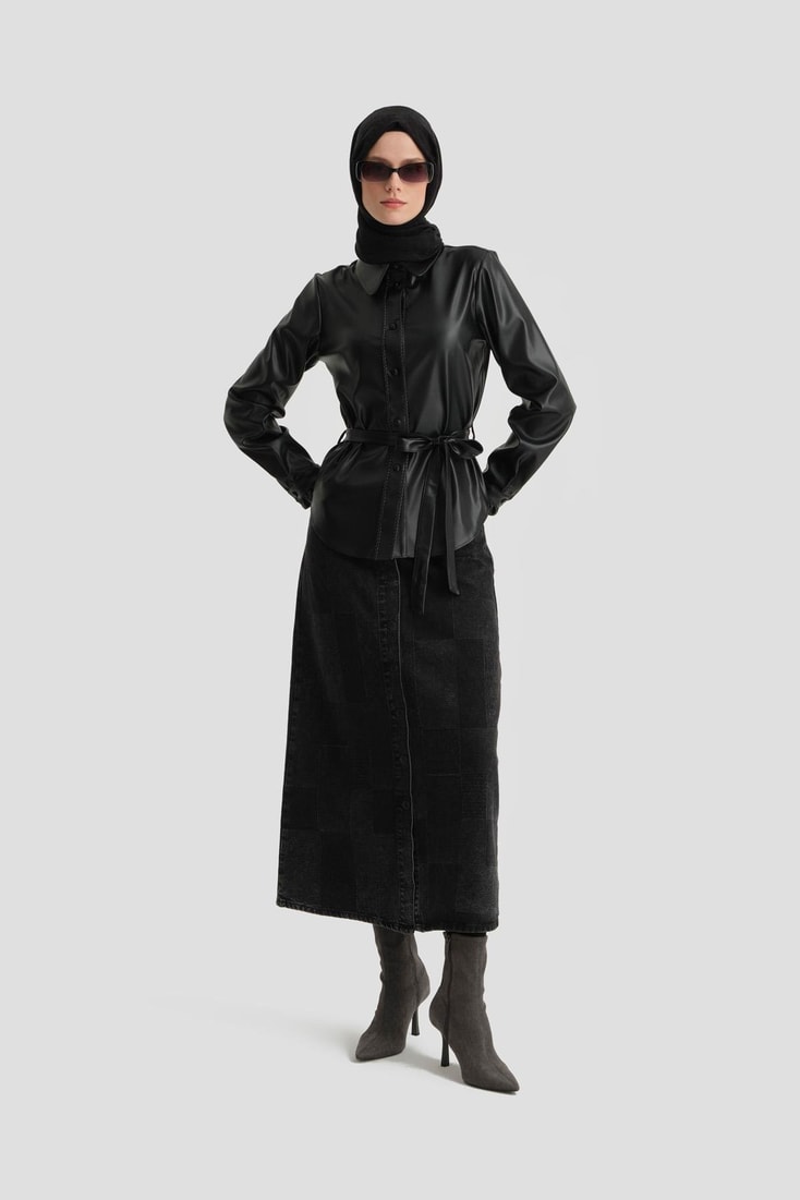 Armine Örgü Şeritli Deri Gömlek 25K3610 Siyah