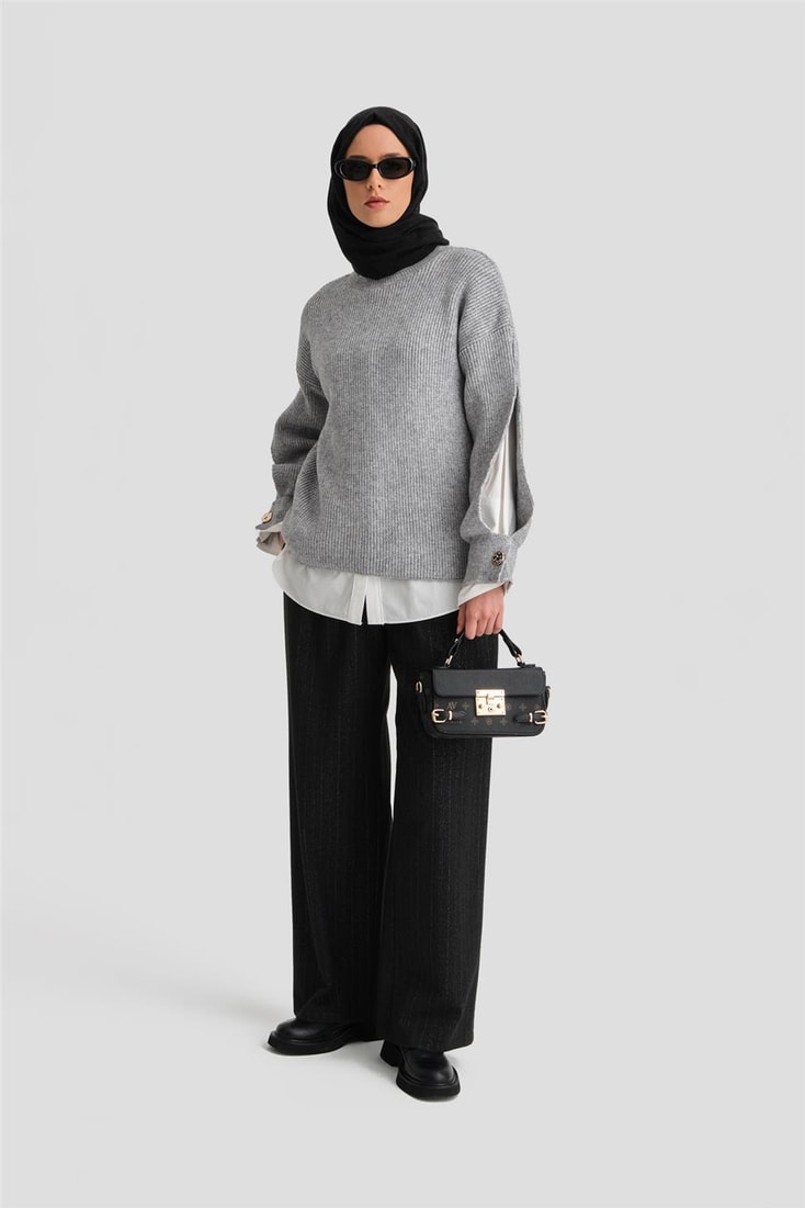 Armine Kolu Yırtmaç Detaylı Kazak 25KD4201 Gri Melanj 
