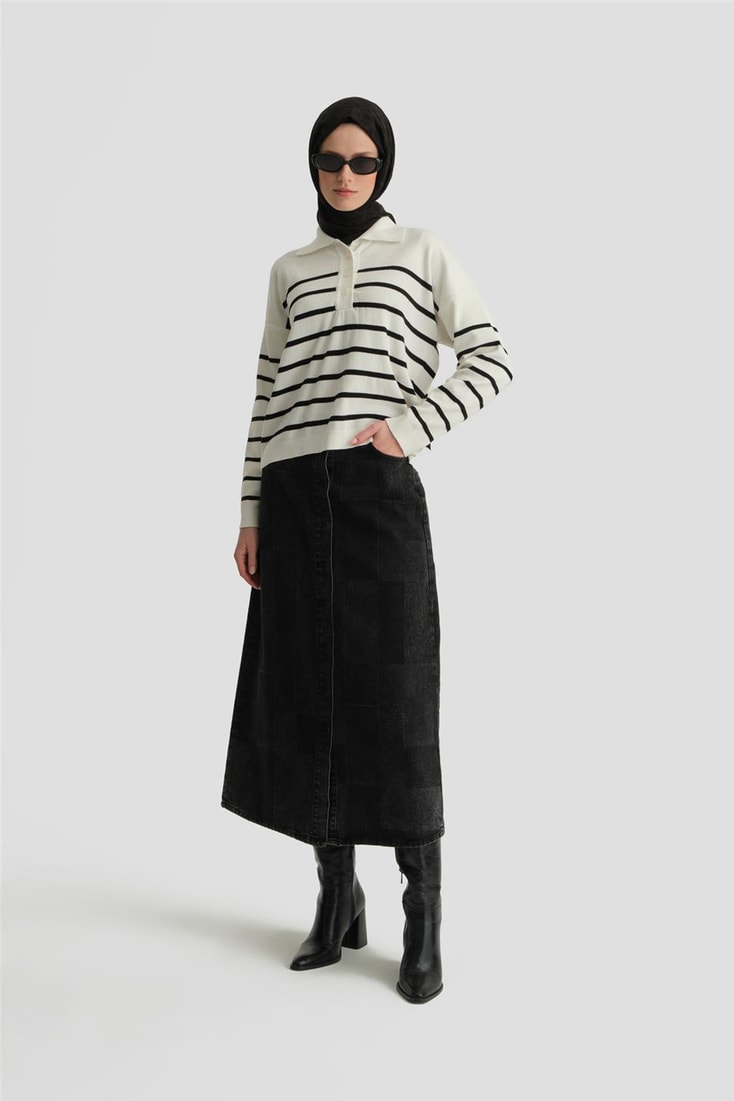 Armine Çizgili Triko Kazak 24KD4208 Ekru