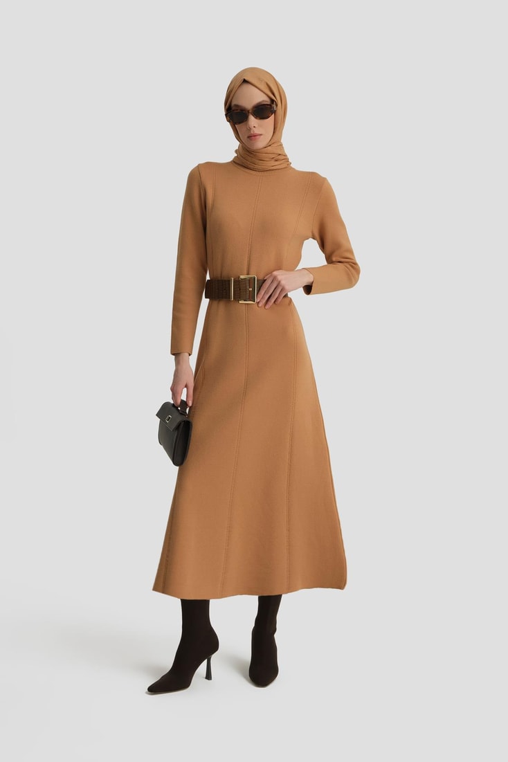 Armine Uzun Kol Triko Elbise 24KD4217 Bisküvi 