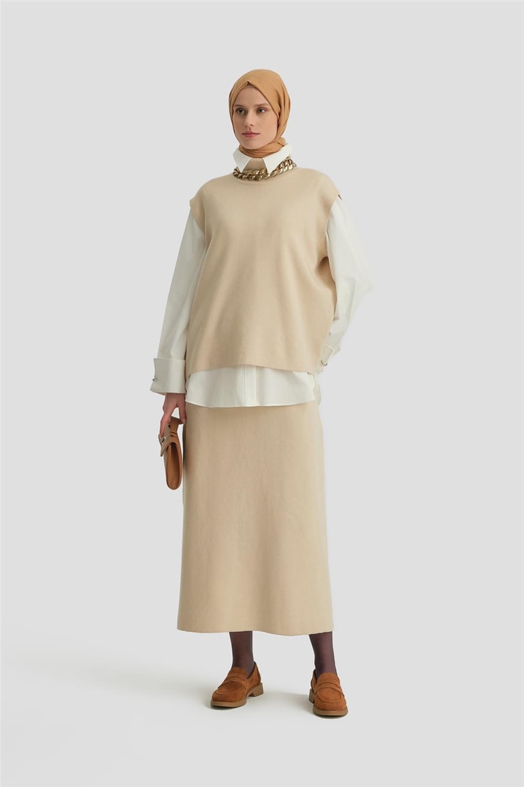Armine Sıfır Kol Kazak Etekli Takım 24KD4220 Bej