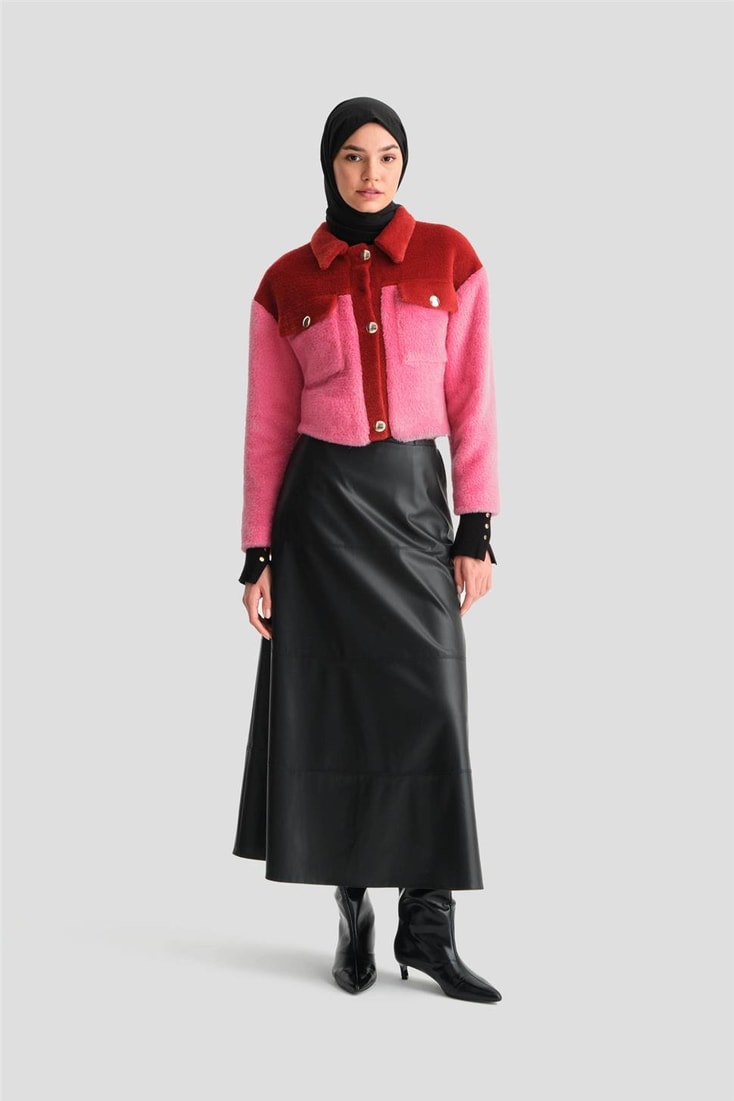 Armine Blok Renkli Peluş Ceket 24K5600 Kırmızı