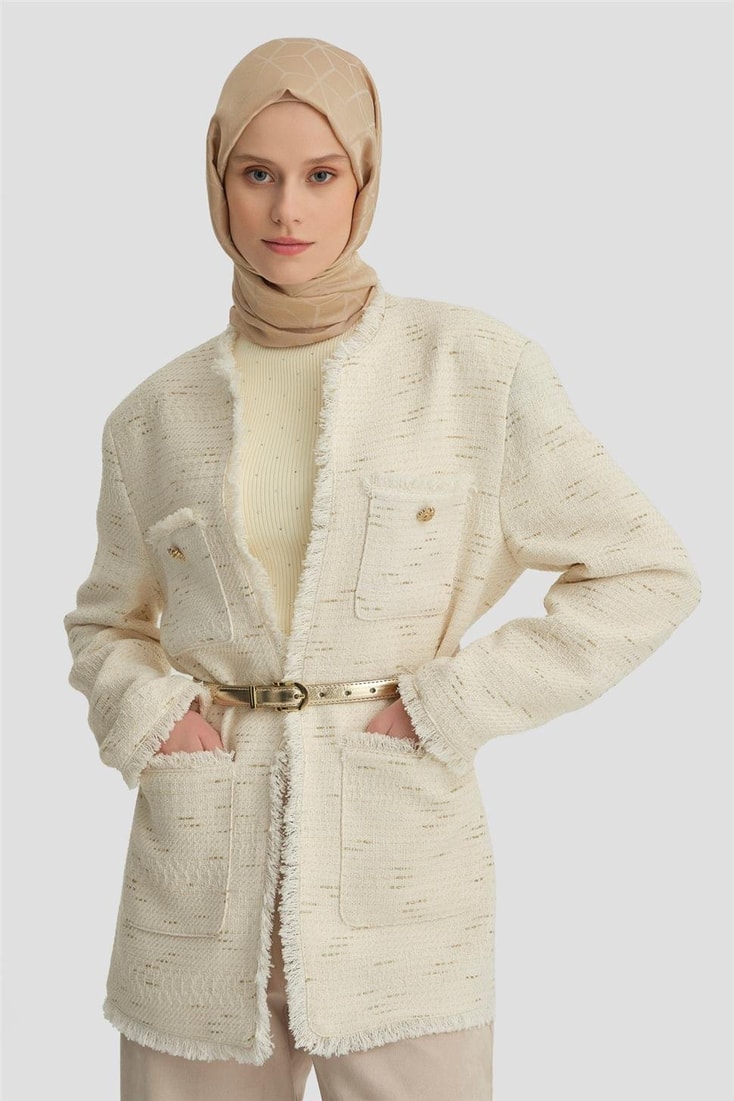 Armine Kumaşı Simli Ceket 24K5712 Ekru