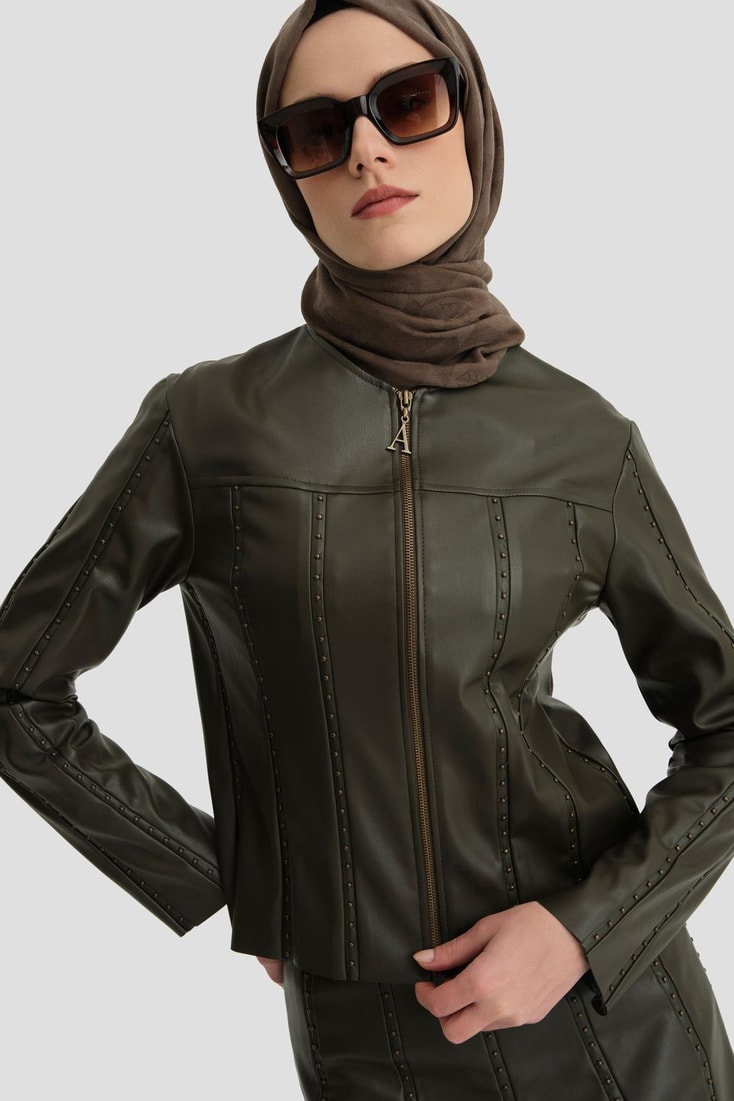 Armine Trok Biyeli Deri Ceket 24K5716 Haki