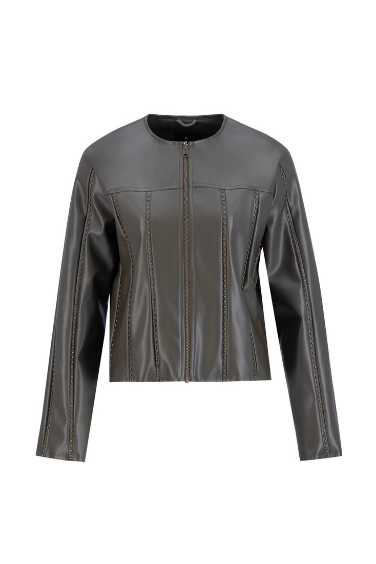 Armine Trok Biyeli Deri Ceket 24K5716 Haki