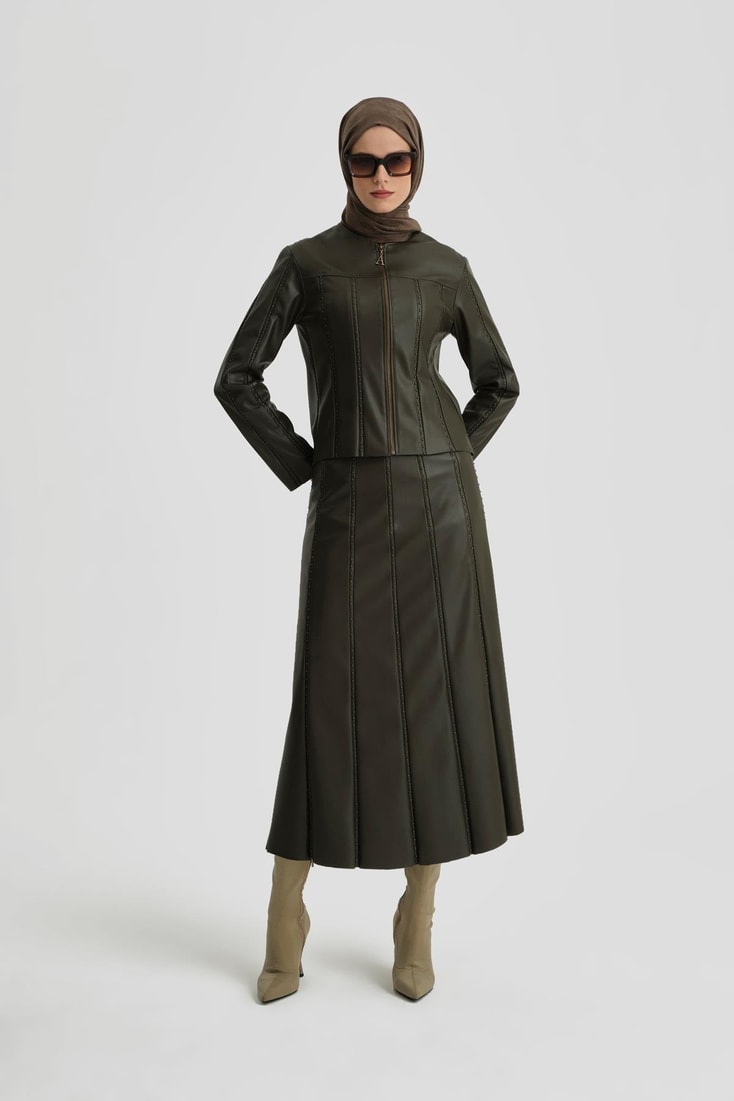 Armine Trok Biyeli Deri Ceket 24K5716 Haki