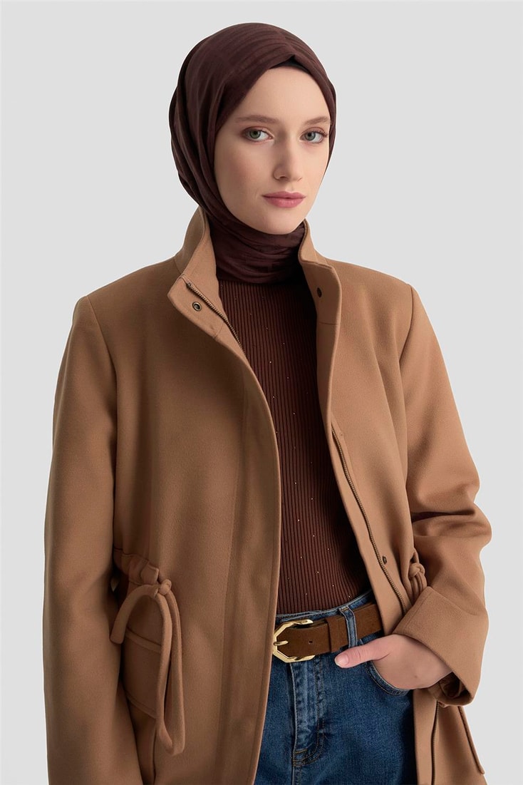 Armine Beli Bağcıklı Kısa Kaban 24KH7528 Camel