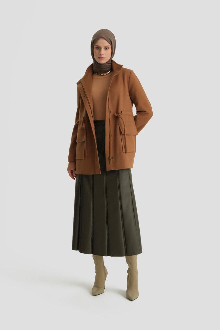 Armine Beli Bağcıklı Kısa Kaban 24KH7528 Taba