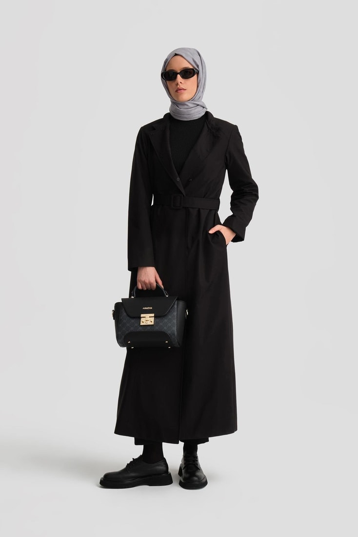 Armine Seyyar Zincir Yakalı Su Geçirmez Pardösü 25K8008 Siyah