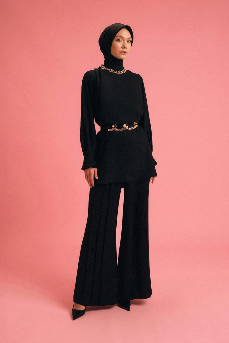 Armine Çift Nervürlü Saten Pantolon 24Y2616 Siyah