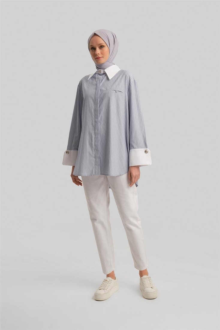 Armine Kalın Manşetli Çizgili Poplin Gömlek 24Y3554 Gri