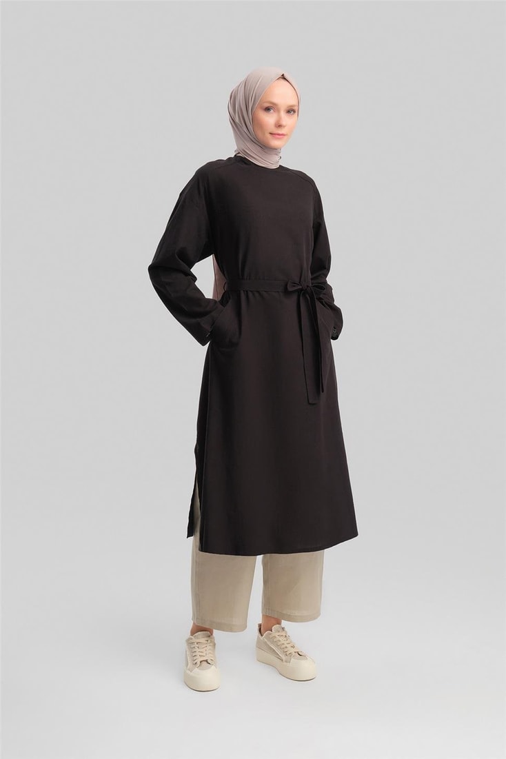 Armine Kemerli Pamuk Tunik Elbise 24Y4103 Siyah