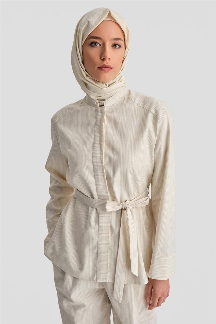 Armine Kalın Çizgili Pamuk Takım 24K6853 Açık Bej